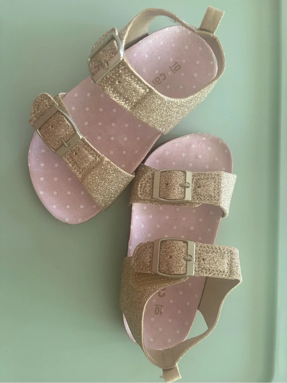 Carter's Glitter Gold Buckle Sandals with Pink Polka Dot Insole